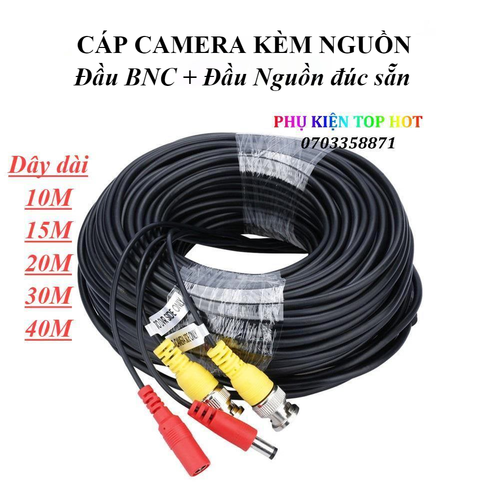 Cáp camera kèm nguồn, cáp đúc sẵn 2 đầu bnc + 2 jack nguồn dài 10m, 15m, 20m, 30m, 40m