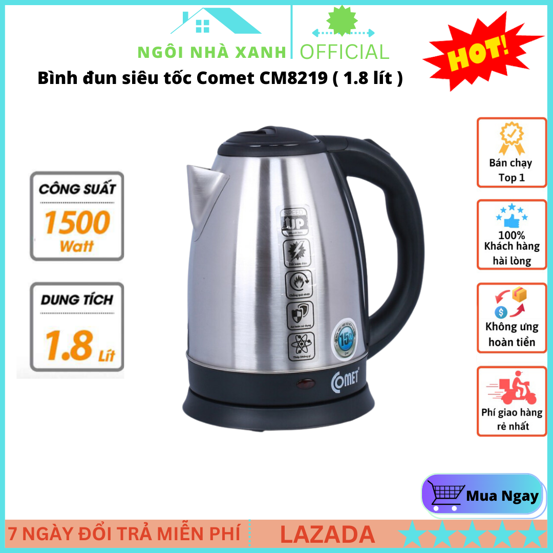 Bình siêu tốc comet, Bình đun siêu tốc Comet CM8219 - 1.8 lít - bình nước siêu tốc, ấm đun siêu tốc, ấm đun nước siêu tốc comet, Bảo Hành 12 Tháng