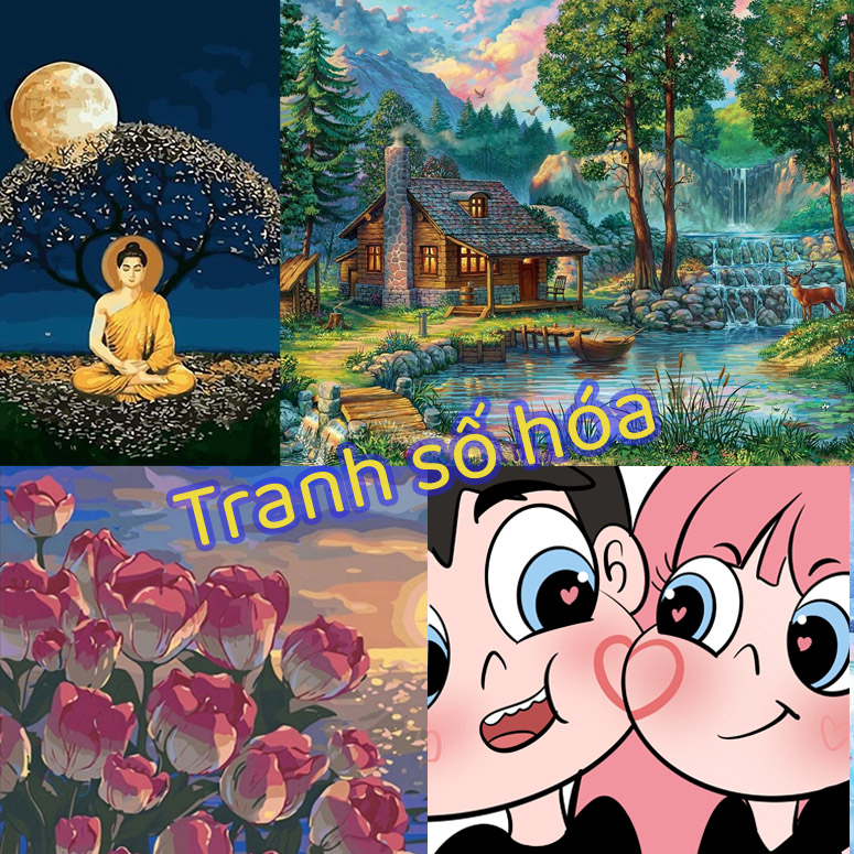 Tranh tô màu theo số hóa, tranh son dau so hoa mini cặp đôi 20x20 theo yêu cầu gam phong cảnh anime