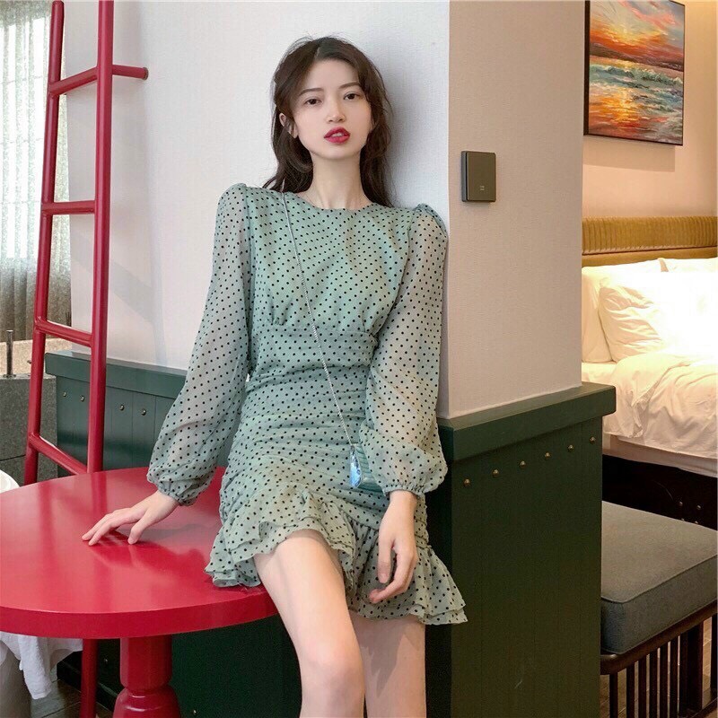 Đầm Nữ Chấn Bi Phối Cổ Tròn Gọn Gàng Họa Tiết Chân Váy Xòe Cực Xinh Dạo Phố Main