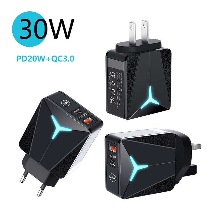 Củ Sạc Nhanh 30W Quick Charge 3.0 Cổng Sạc Kép Đèn Led Sạc Cùng Lúc 2 Thiết Bị cục sạc nhanh iPhon Samsun Opp đa năng củ sạc cóc sạc nhanh Xiaom cốc sạc phát sáng