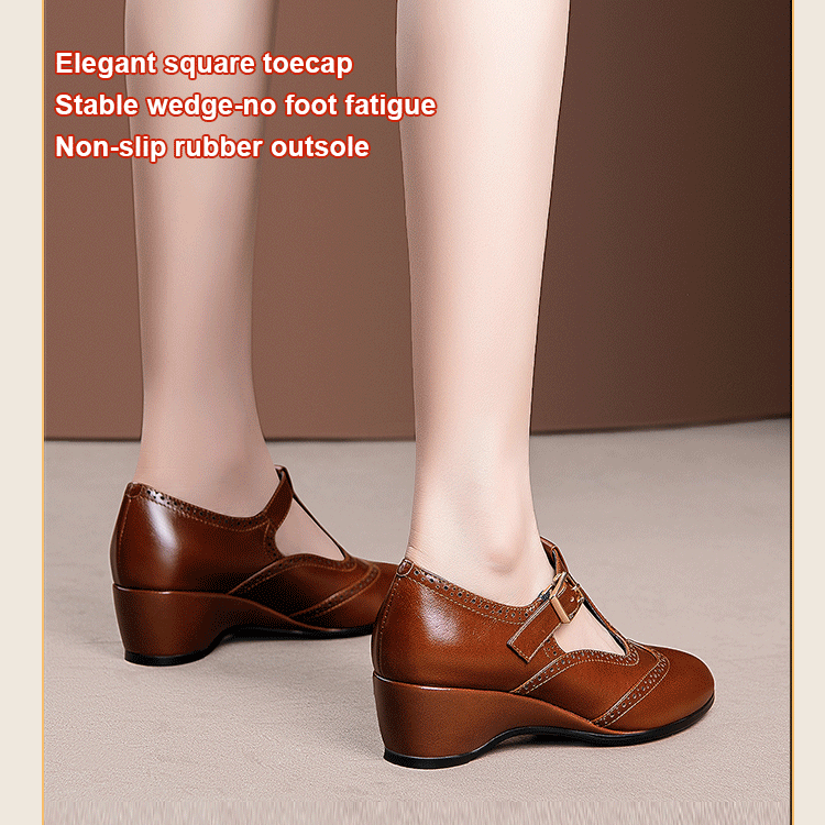 aomulei Women s Chunky Heel Retro Bristish Style Brogue Leather Wedge Shoes
