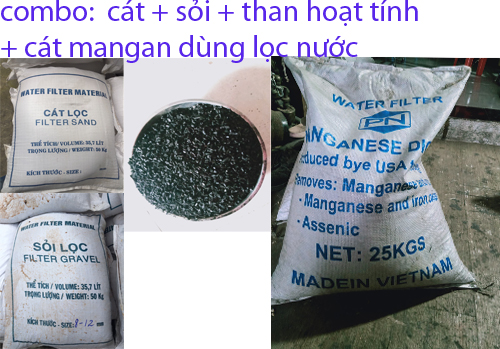 Vật liệu lọc nước lọc phèn , khử sắt, khử mùi 10kg cát ,10 kg sỏi, 5kg mangan+ 10kg than gáo dừa