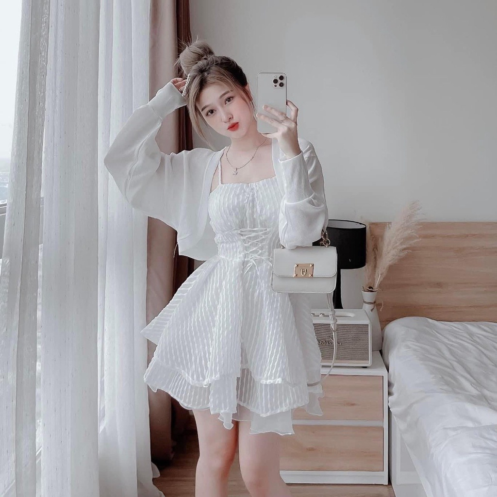 Set đầm dự tiệc, dạo phố ACTIVE phối chân váy tầng chất vải voan xốp giọt nước với áo 2 dây vải voan - Active Style