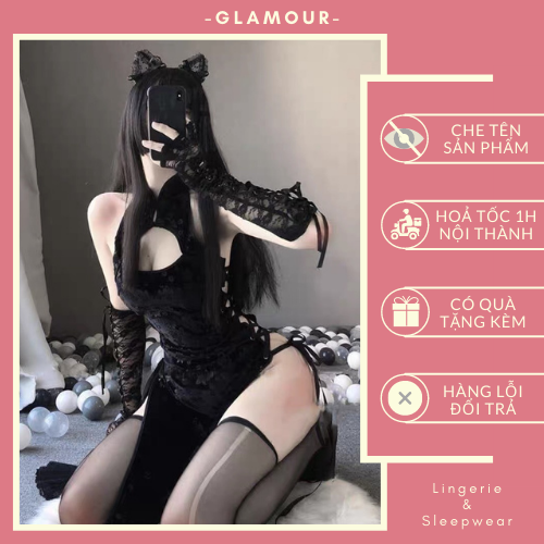 Đồ cosplay sườn xám - bộ đồ cosplay sườn xám nhung hở vai sexy gợi cảm - set sườn xám thêu hoạ tiết glamour - dcp28