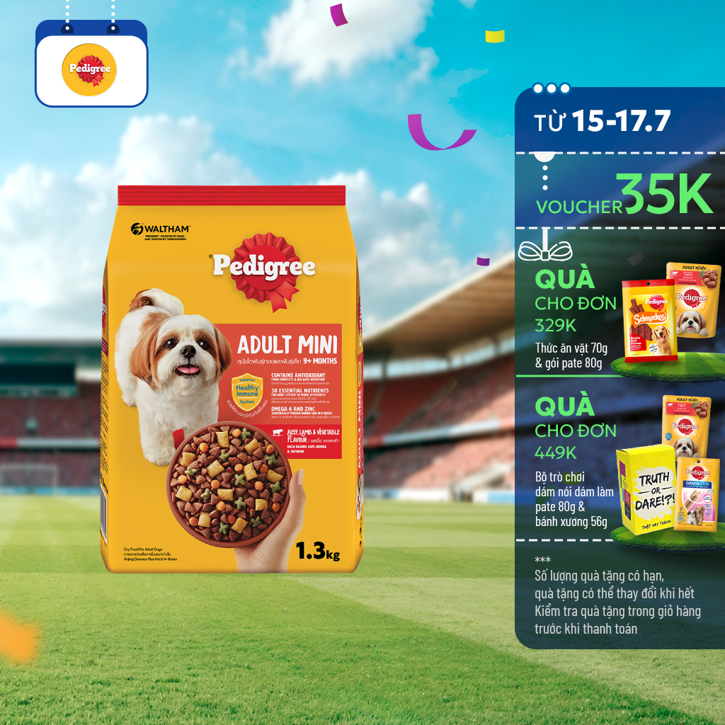 Thức ăn chó Mini Pedigree vị bò, cừu & rau củ túi 1.3kg