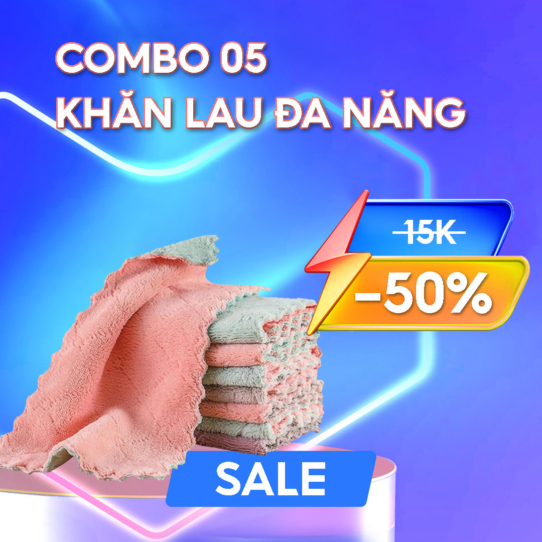 (Combo 5 cái) Khăn lau bếp đa năng 2 mặt tiện dụng - Siêu thấm nước, mềm mịn, kháng khuẩn - Dễ giặt sạch, phơi nhanh khô