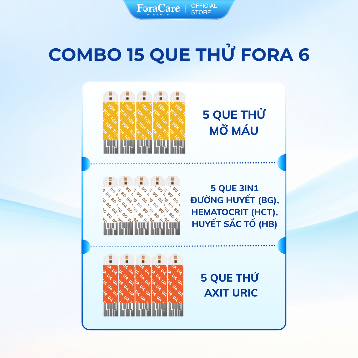 [ForaCare] Bộ 15 Que Thử Fora 6 - 5 3in1 + 5 Axit Uric + 5 Mỡ Máu