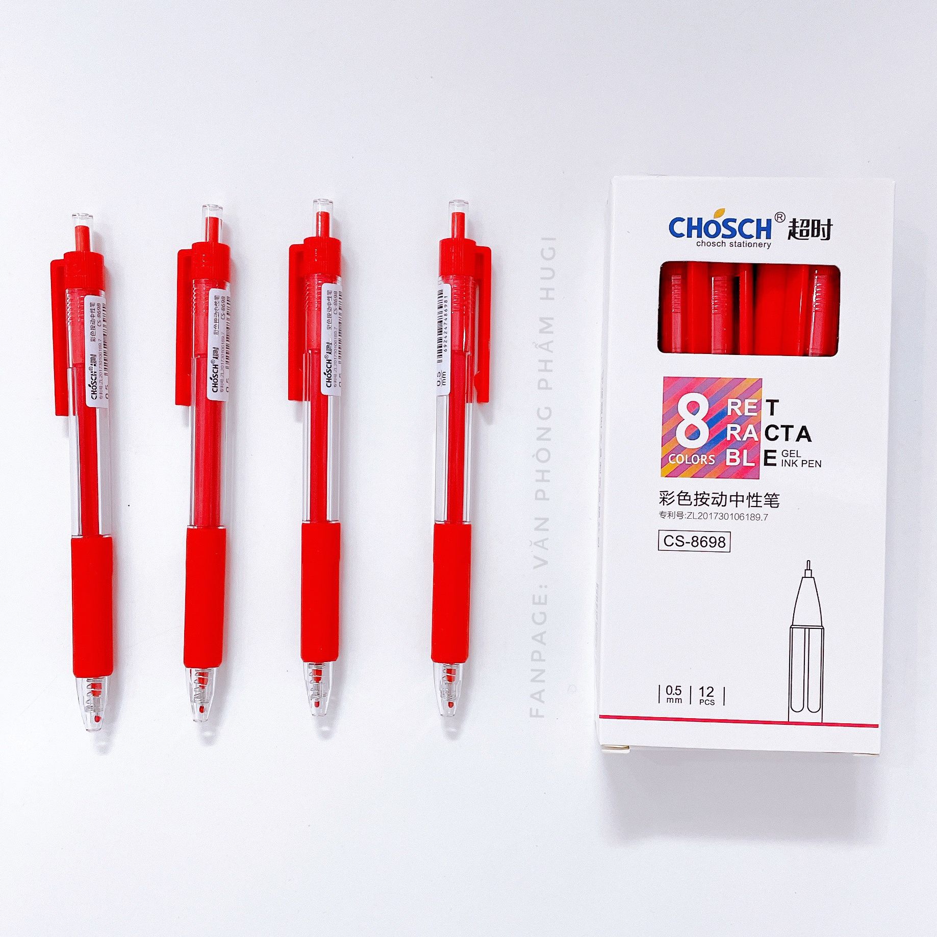 Hộp 12 cây bút mực gel đầu Bấm Chosch 8698 loại tốt mực đậm và đều (Mực Xanh/Tím/Đỏ/Đen)