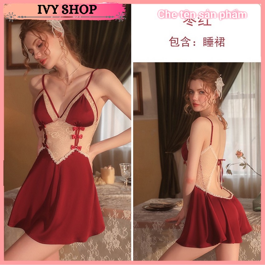 Váy ngủ 2 dây lụa sexy gợi cảm đầm ngủ sexy phi lụa nữ phối ren 1667