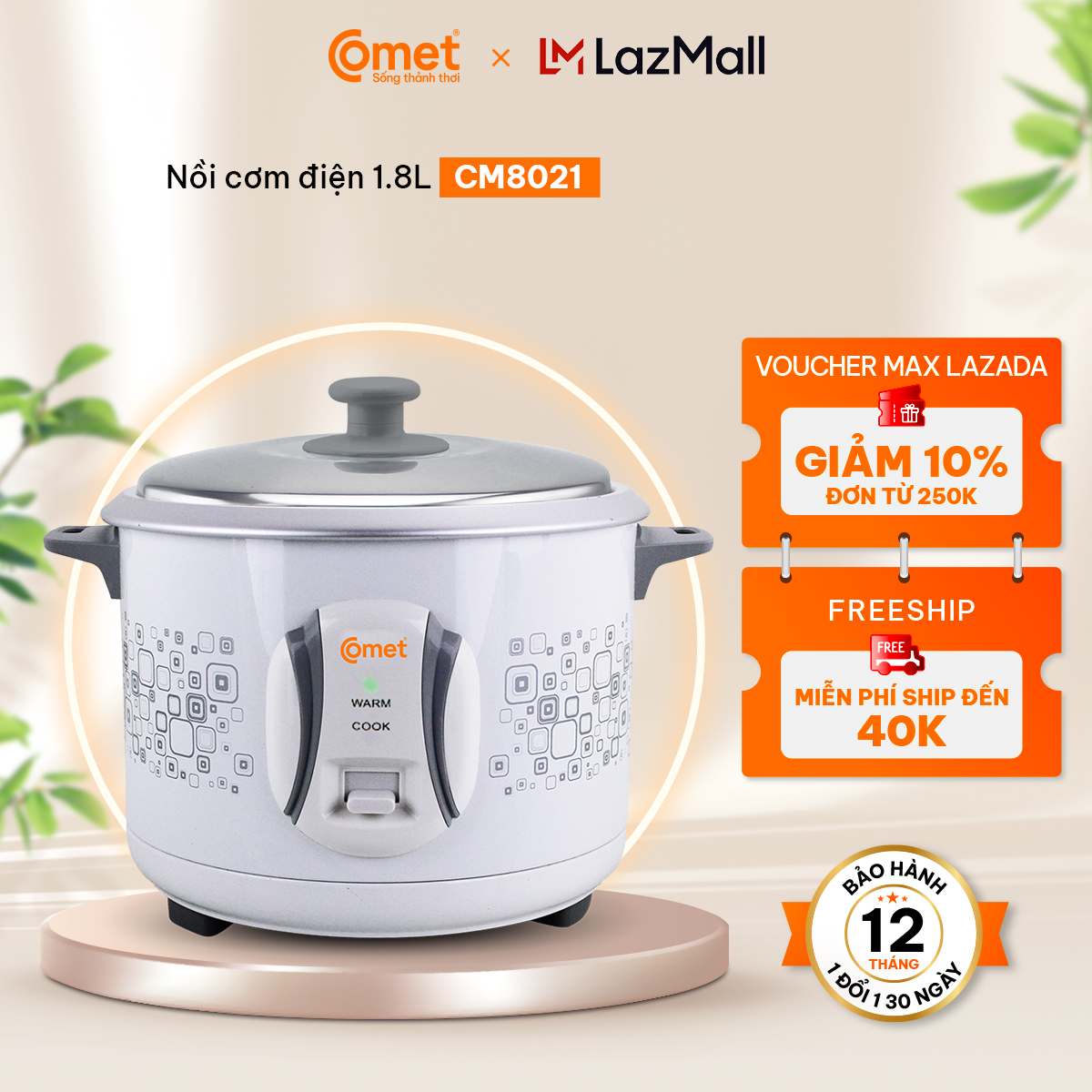 Nồi cơm điện nắp rời COMET - CM8021- 1.8L - Hàng Chính Hãng