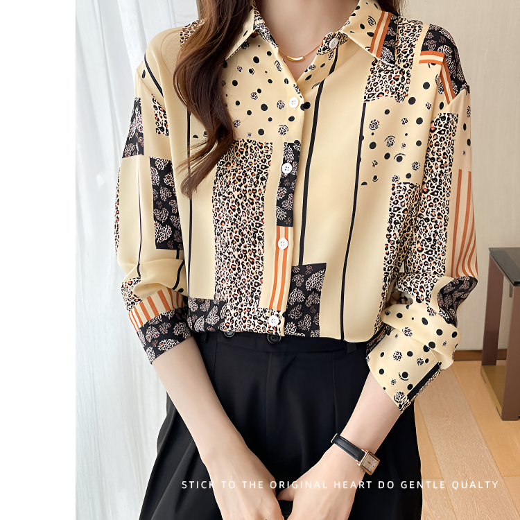 jieping Leopard chiffon shirt female long-sleeved fall new light mature big size drape shirt