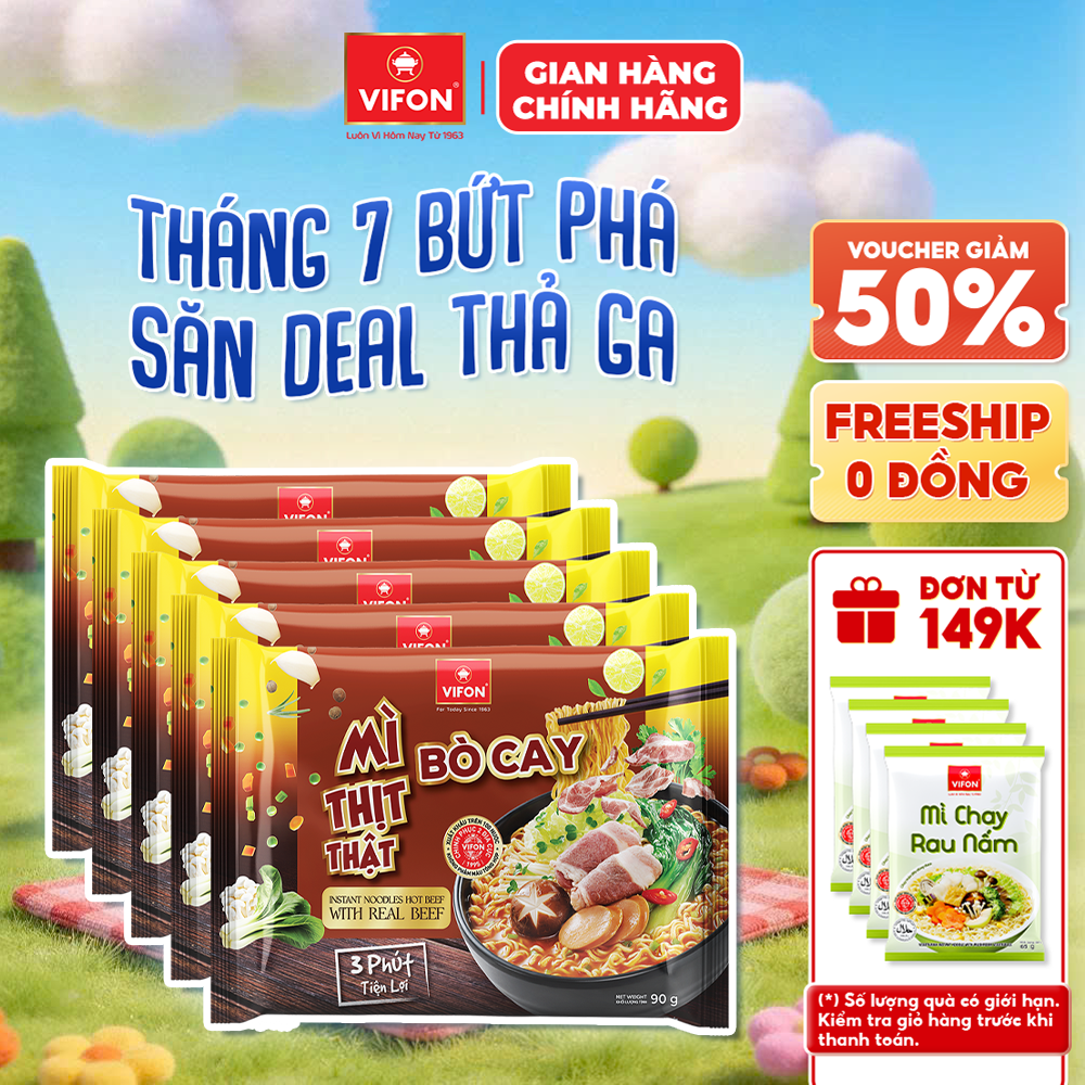 [Voucher 28% đơn từ 400K] Set 5 Gói Mì Thịt Thật Bò Cay/ Thịt Bằm/ Riêu Cua VIFON 90g