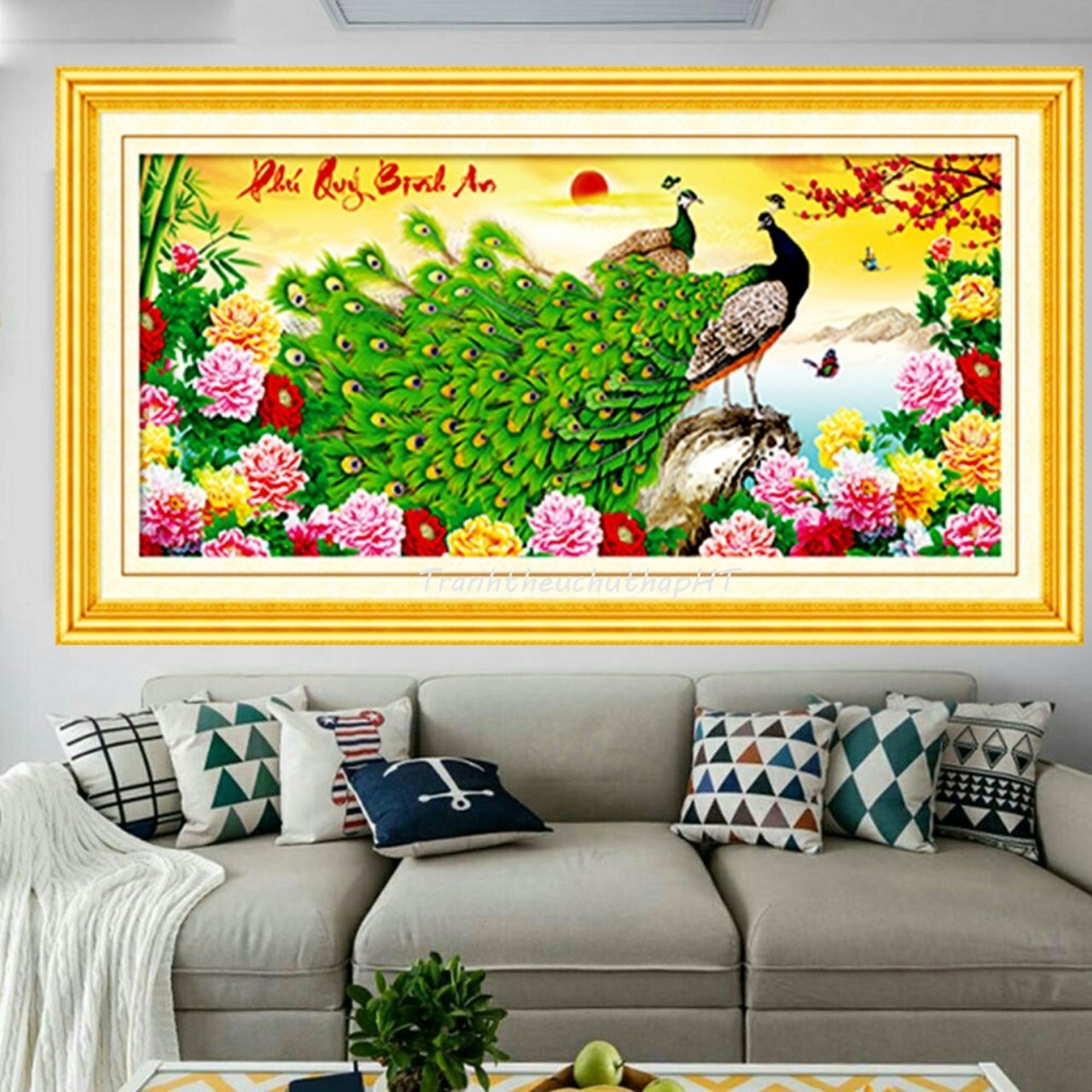 Tranh đính đá Phú quý bình an - đôi công xanh 113x55cm - chưa đính