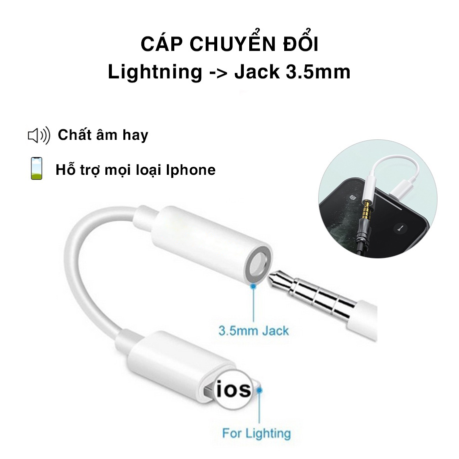 Dây cáp chuyển đổi jack lightning sang jack 3.5mm cho tai nghe iphone 7/ 7plus/ 8/ 8plus/ x/ xs max/ 11/ 12/ 13/ pro/ max/ pro max