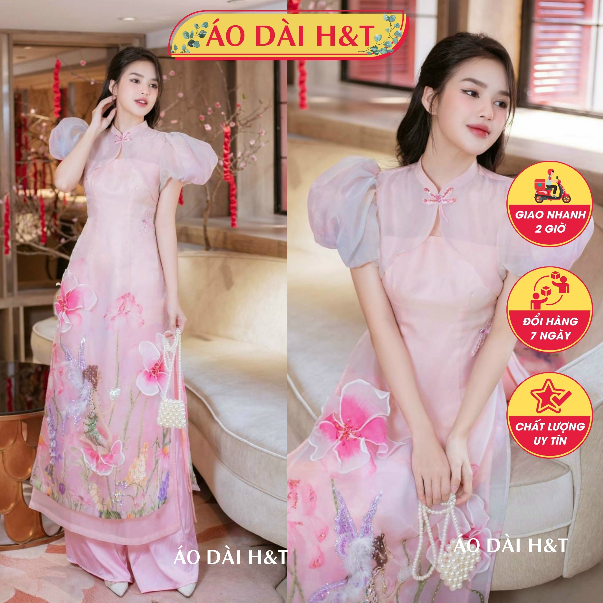 Áo dài cách tân chất tơ organza màu hồng đính kết hoa nổi ấn tượng - Áo Dài HT