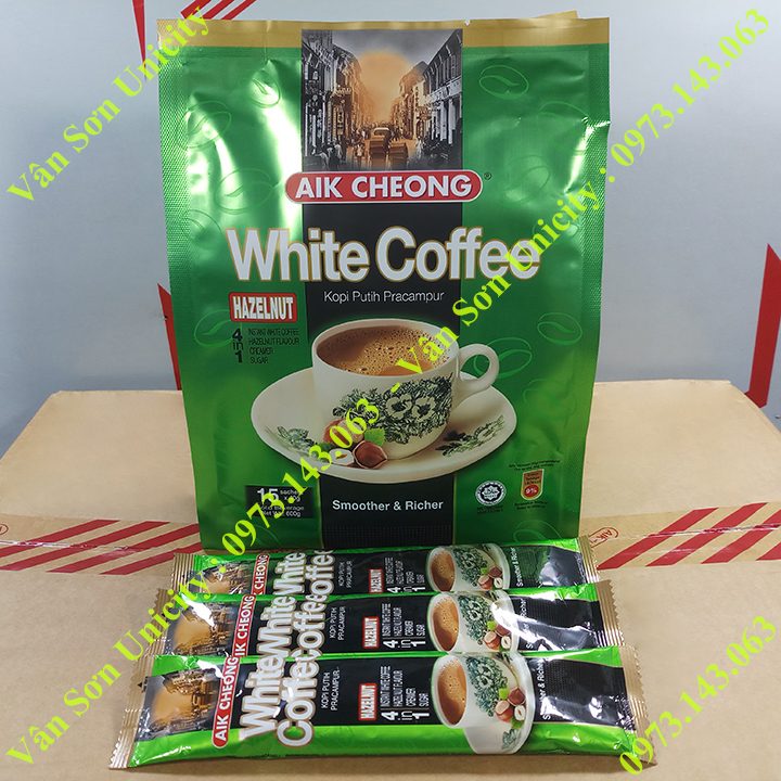 Cà phê trắng vị Hạt Phỉ (Hazelnut) Aik Cheong bịch 600g (15 gói dài x 40g)