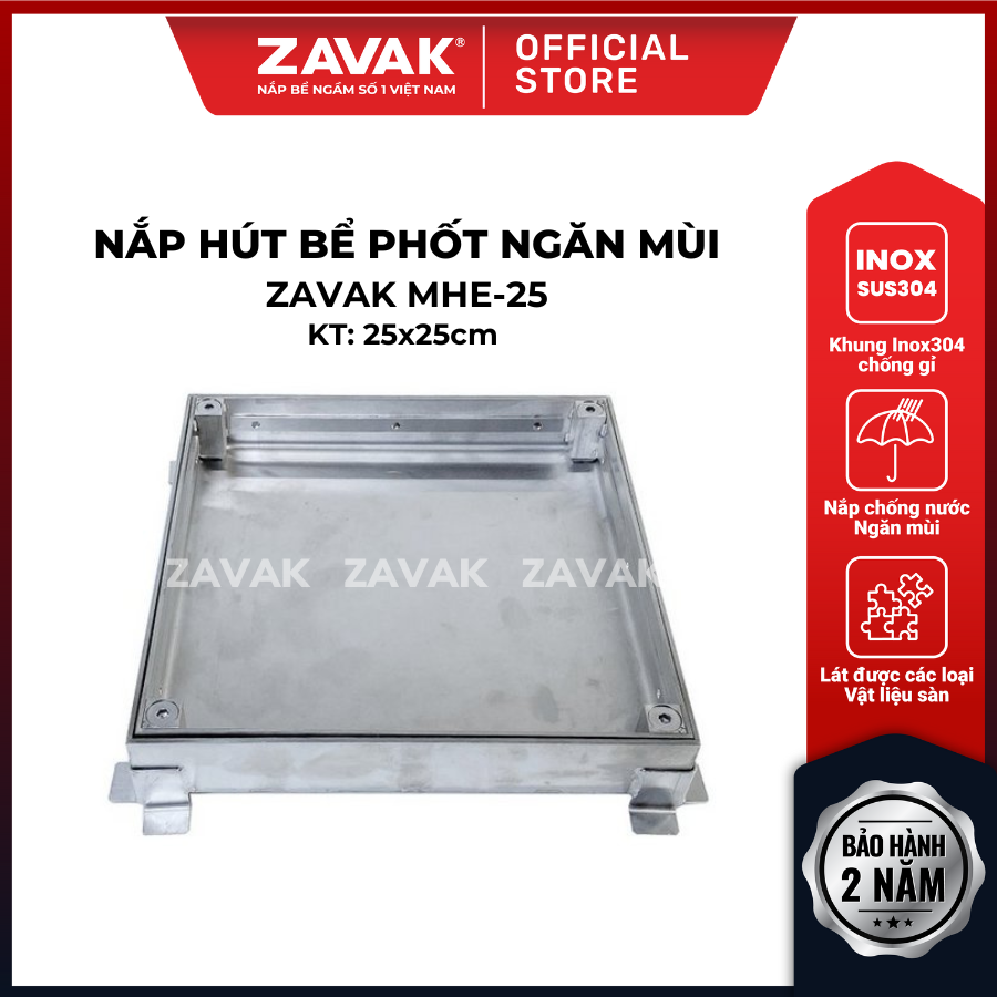 Nắp bể phốt ZAVAK MHE-25 (25x25cm) chống mùi, chống nước, lát gạch dày 2cm, chịu tải 1 tấn, inox 304