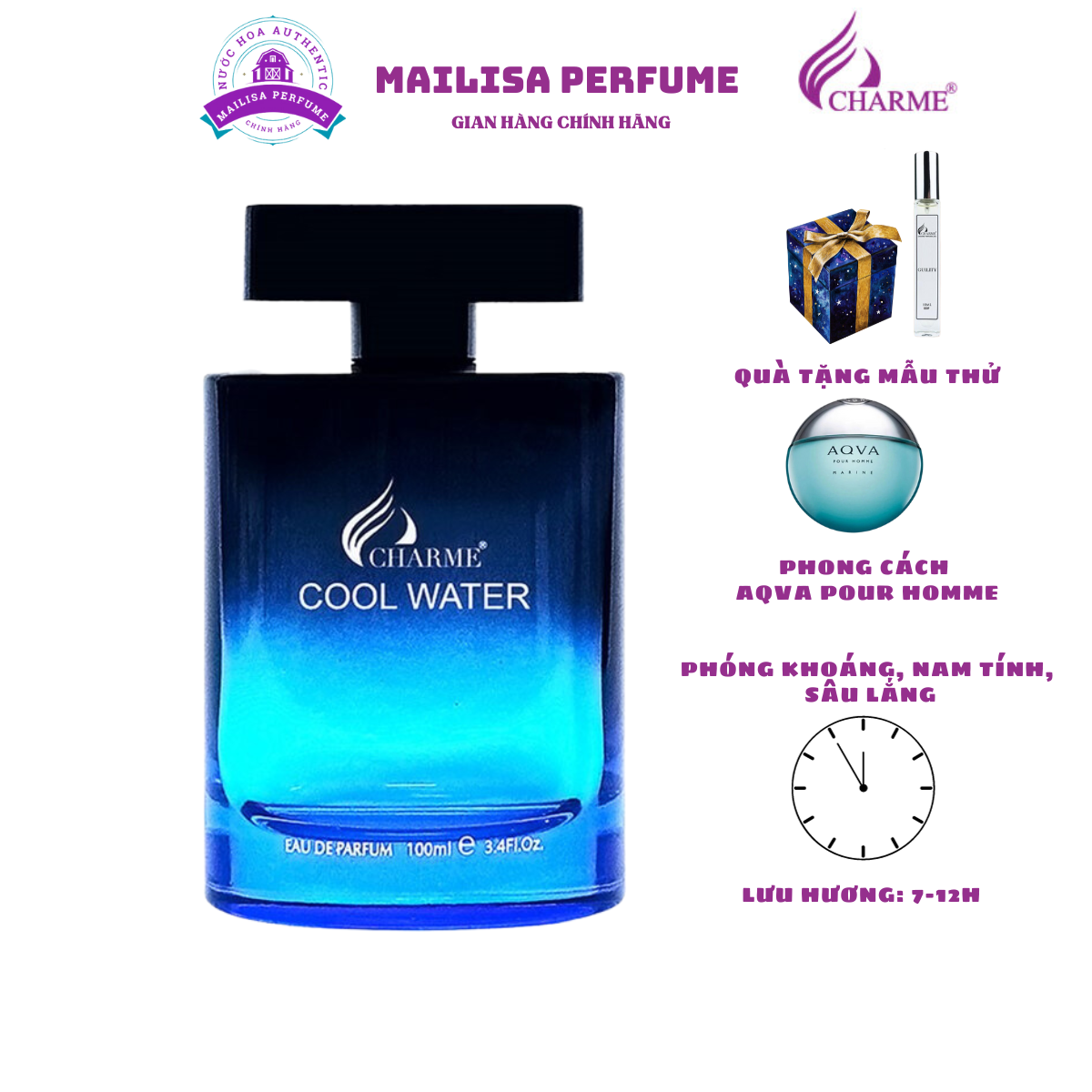 Nước hoa nam chính hãng Char.me Cool Water 100ml Phóng khoáng, nam tính