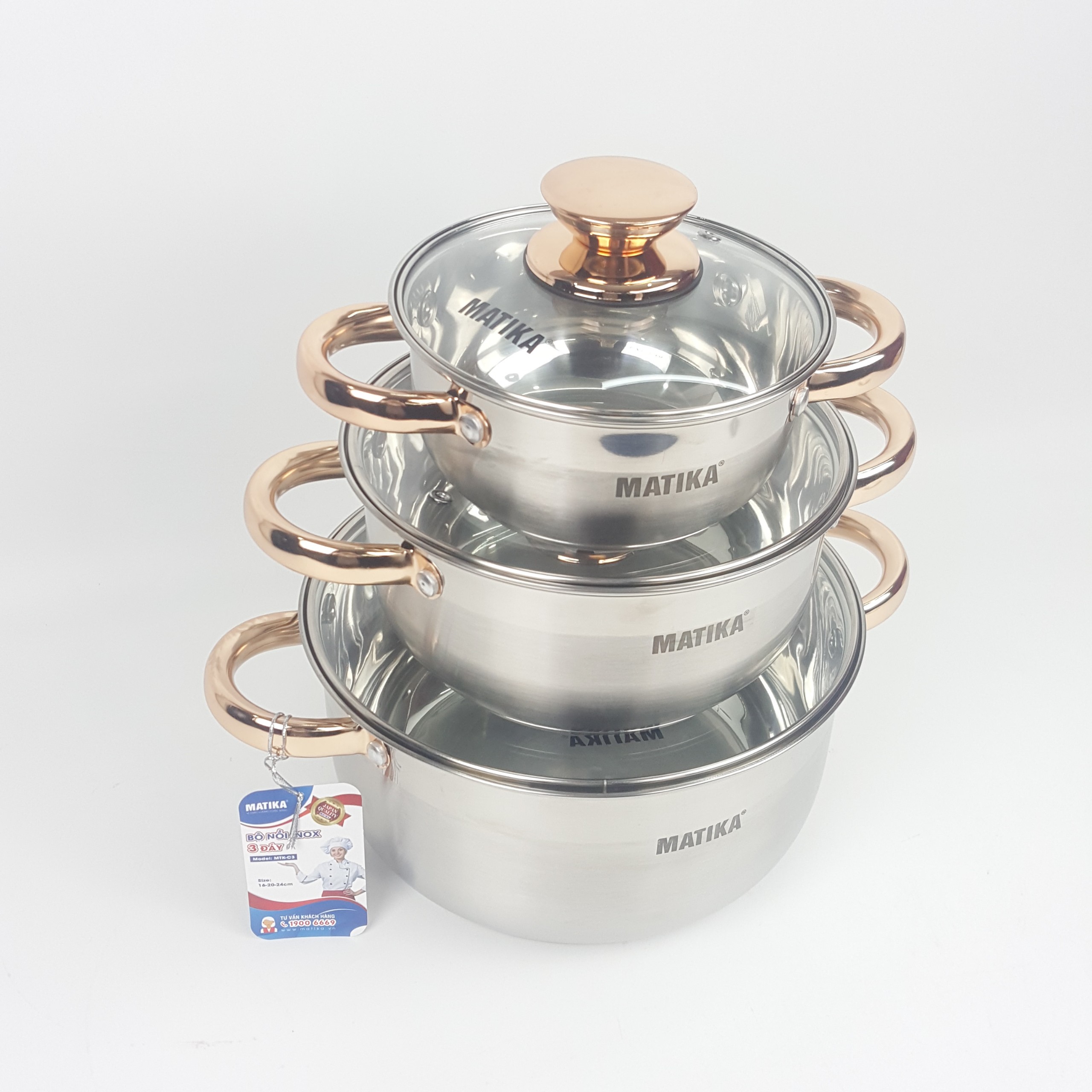 Bộ 3 nồi inox cao cấp 3 đáy matika mtk-c3