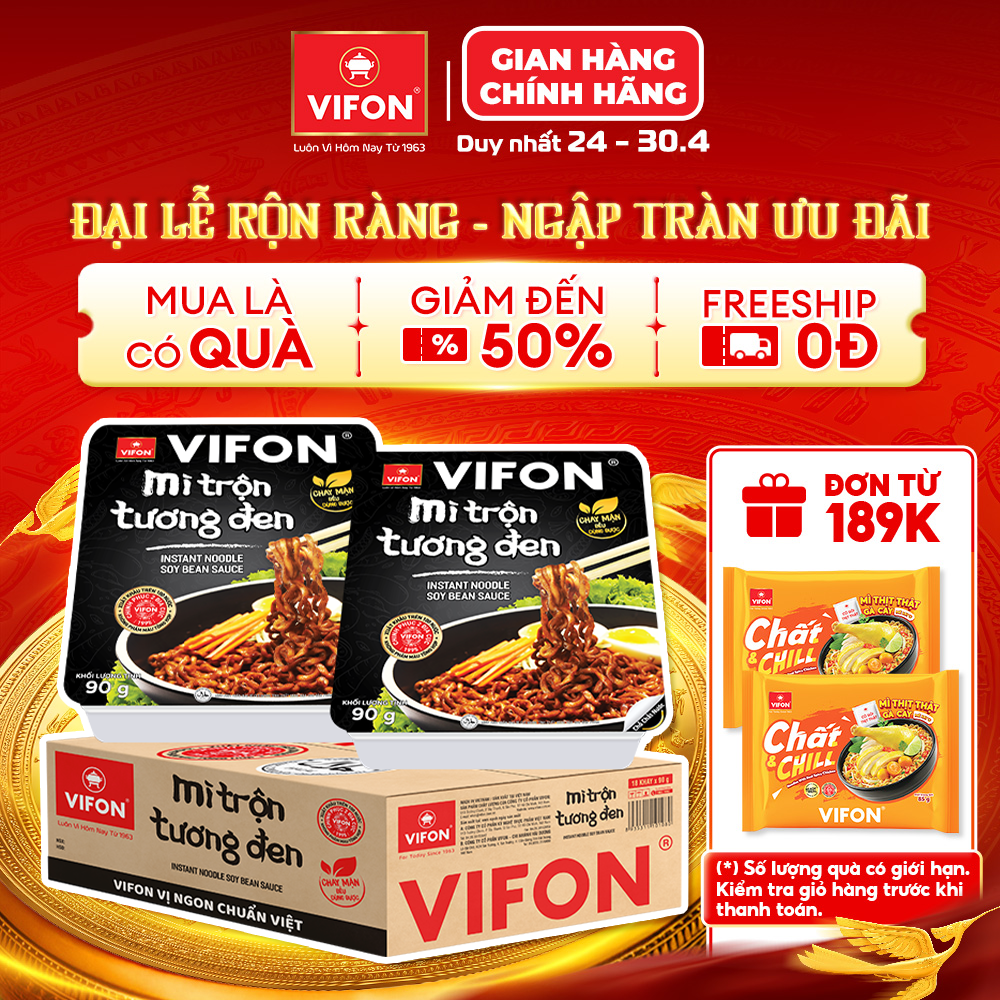 [VOUCHER 15%] Thùng 18/Set 5 khay Mì Trộn Tương Đen/ Bò Sa Tế / Hải Sản / Spaghetti / Pad Thái / Tôm Chua Cay Thái VIFON 90gr/khay