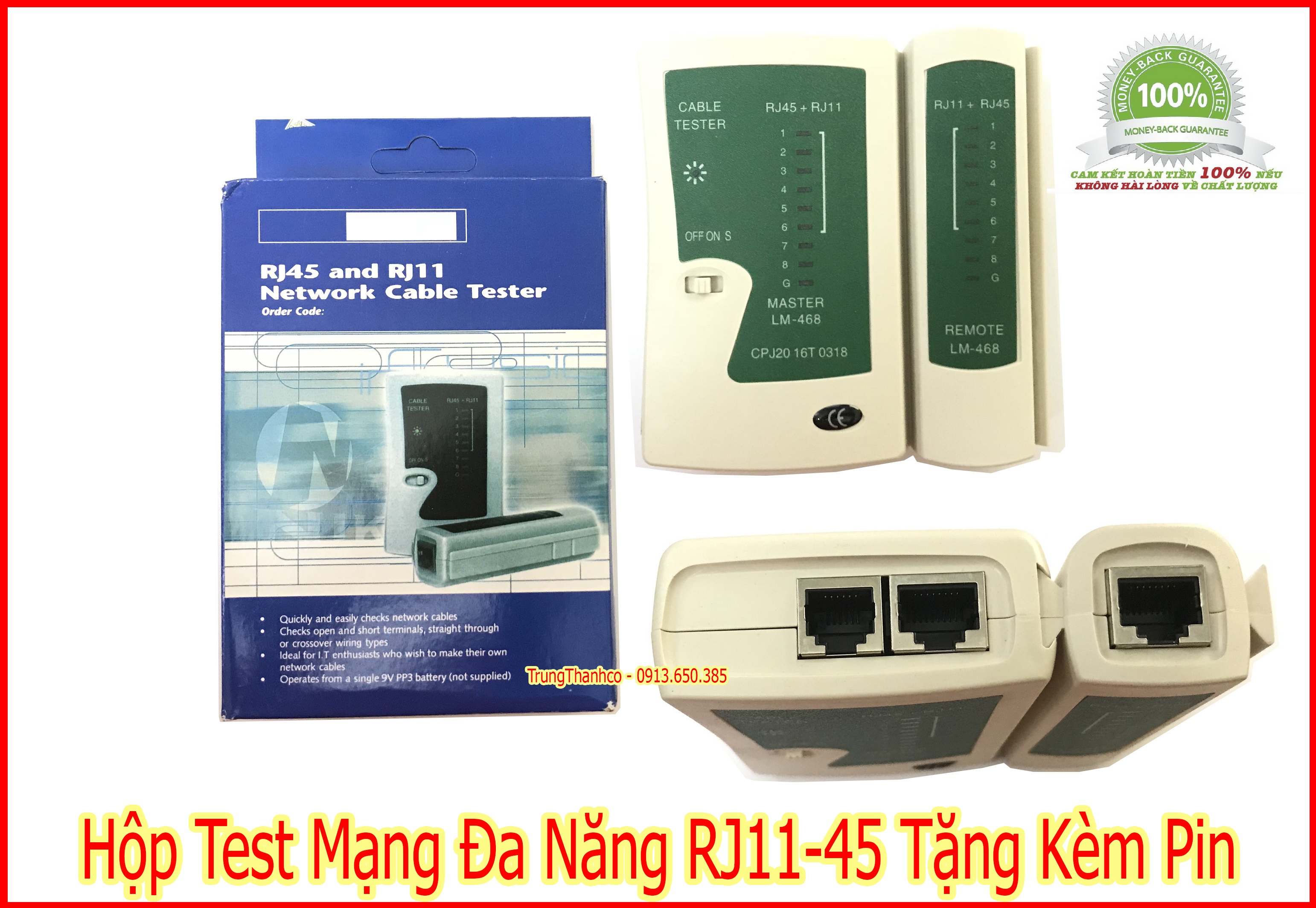 Hộp test mạng đa năng rj11-45 tặng kèm pin