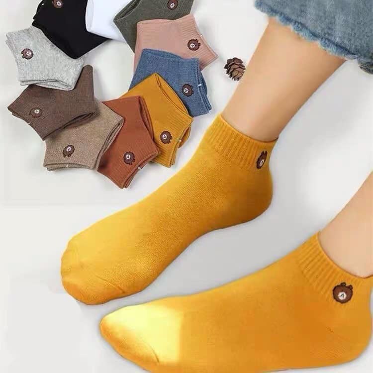 Sét 10 đôi tất hình con gấu. Vớ nữ hình gấu brown cổ ngắn KÈM TÚI ĐỰNG hot trend chất liệu cotton, kiểu dáng thời trang, Màu sắc đa dạng