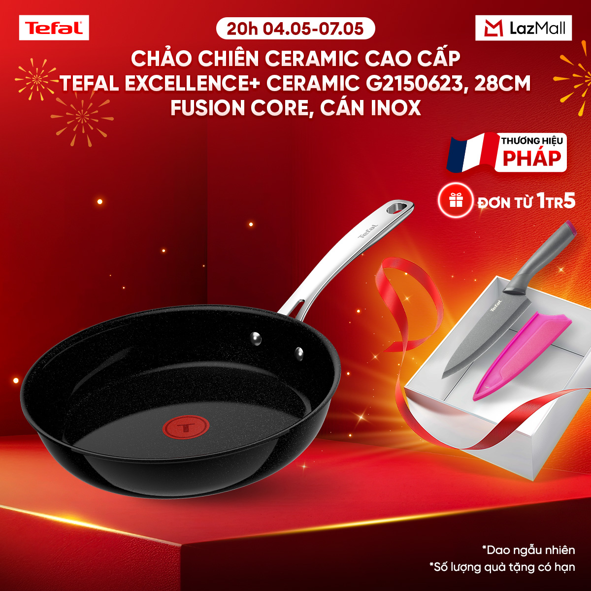 Chảo chiên ceramic cao cấp Tefal EXCELLENCE+ CERAMIC G2150623, 28cm, Fusion Core, cán inox