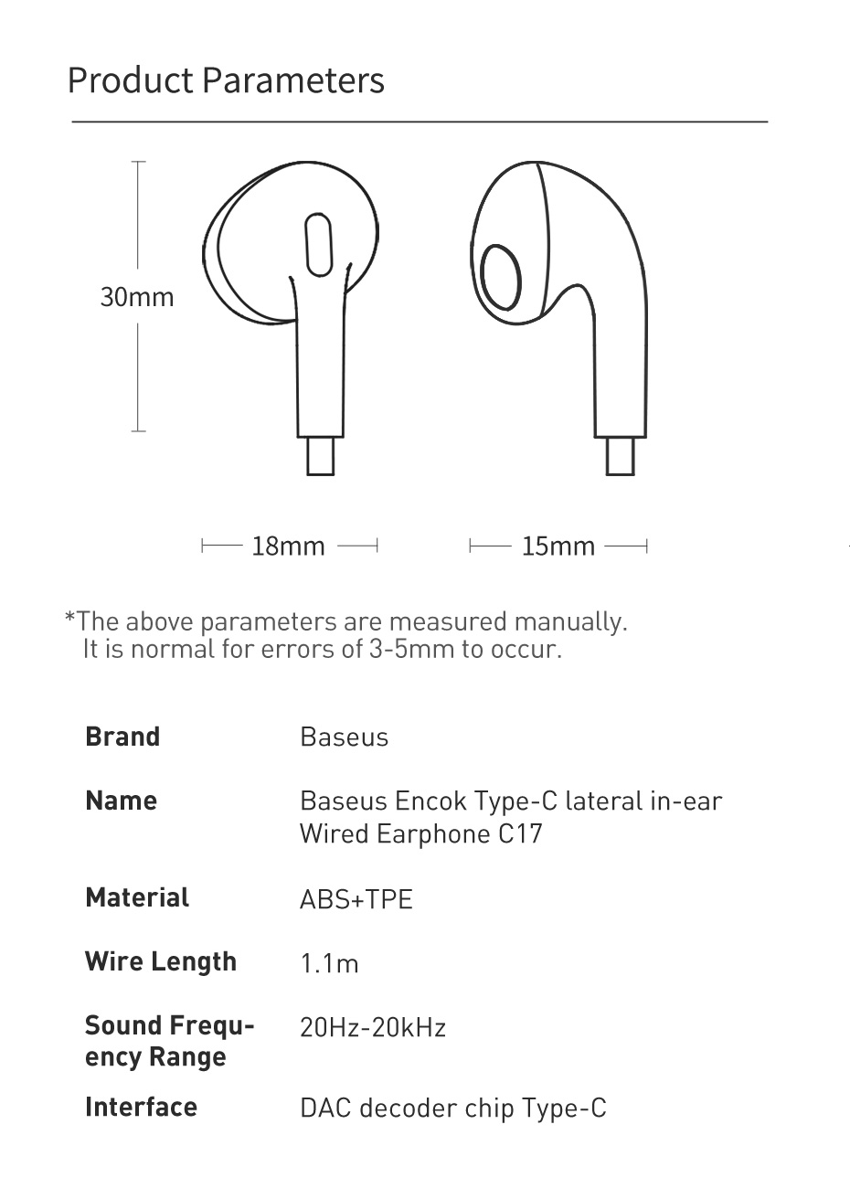 Baseus C17 Type-C Earphones For Samsung Xiaomi Phone Half In Ear Hearphone Wired Headset With