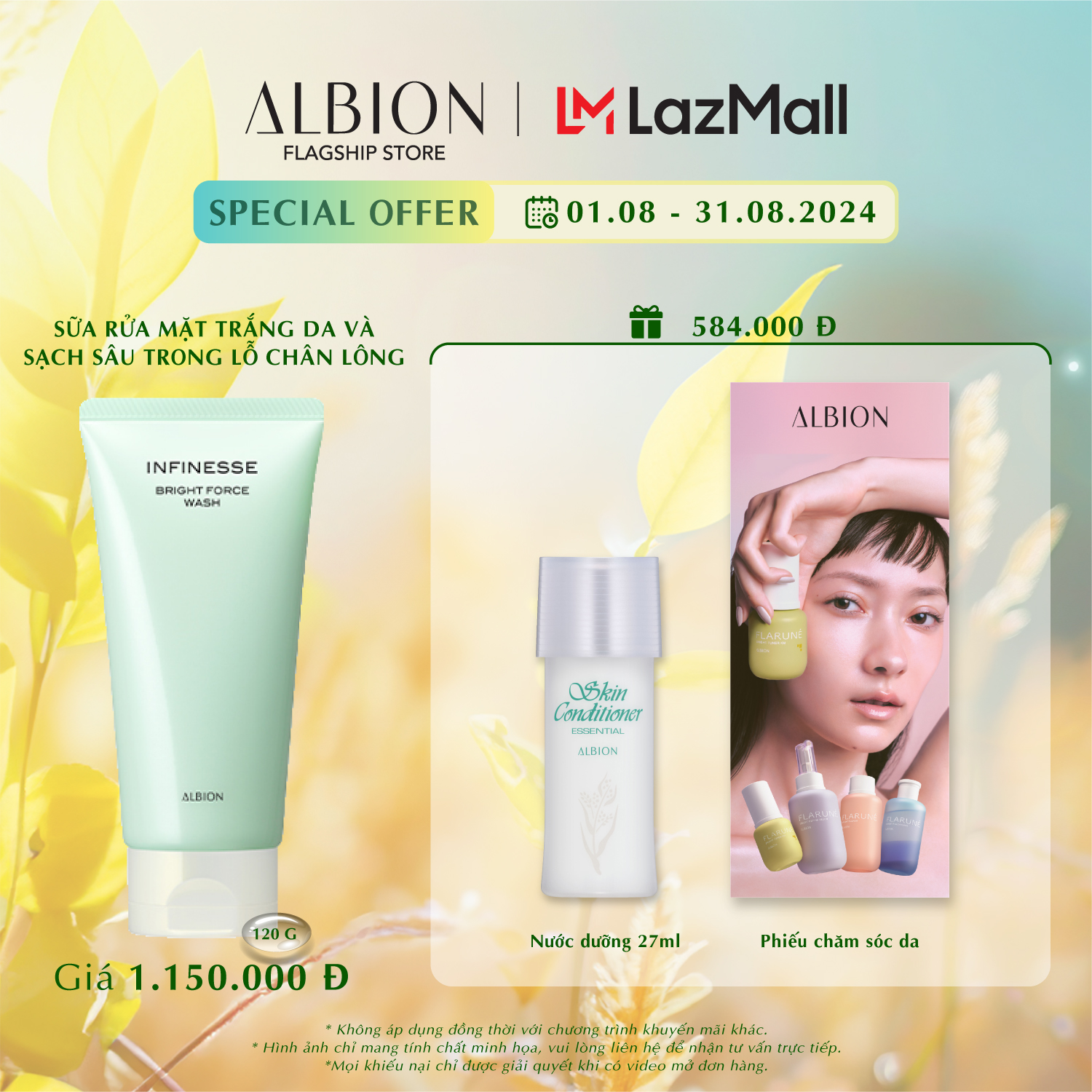Sữa rửa mặt trắng da và sạch sâu trong lỗ chân lông albion infinesse bright force wash 120ml