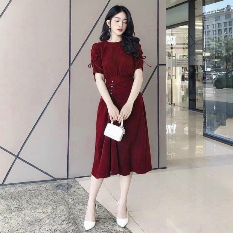 Đầm đi tiệc tay rút, nút trắng sang trọng ms65