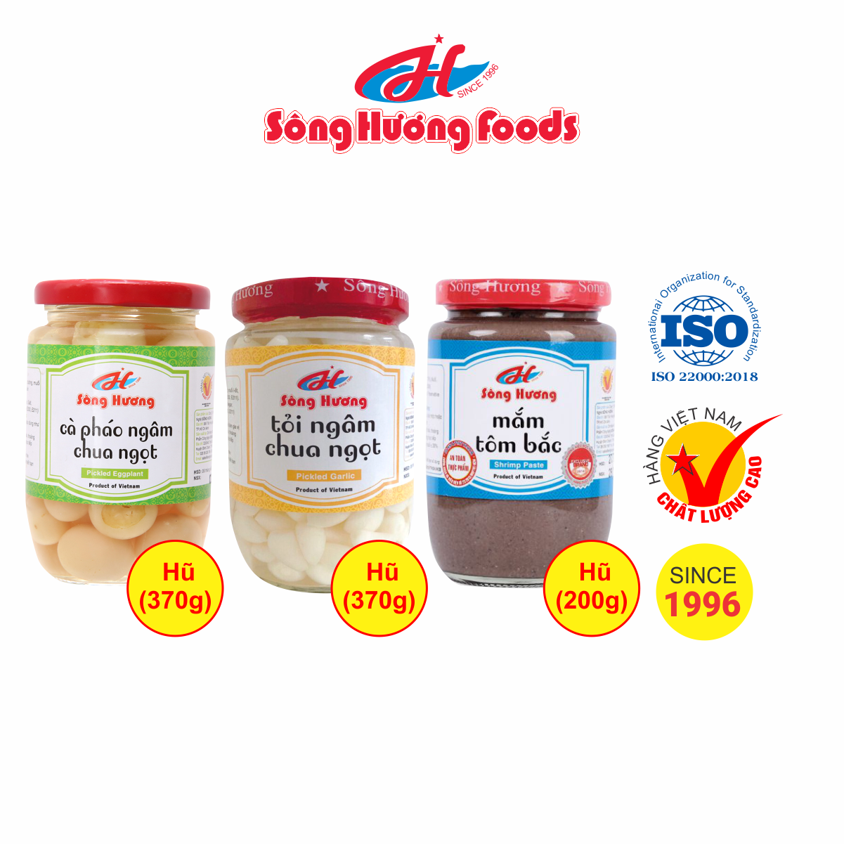 Combo 1 hũ cà pháo ngâm chua ngọt 370g + 1 hũ tỏi ngâm 370g + 1 hũ mắm tôm bắc 200g sông hương foods
