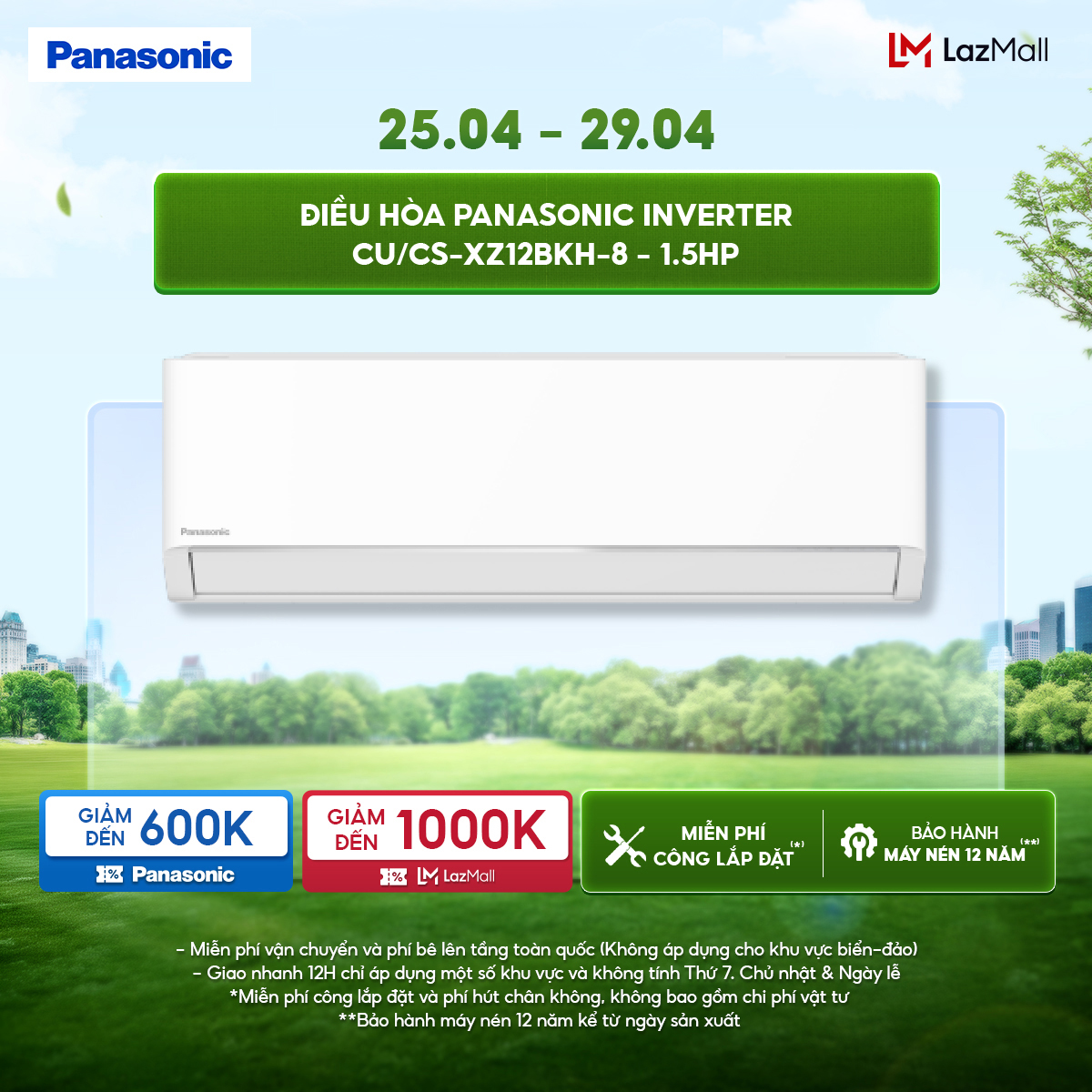 [CHỈ GIAO MIỀN BẮC] [Trả góp 0%] [Chỉ giao miền Bắc] Máy lạnh/Điều hòa Panasonic Inverter CU/CS-XZ12BKH-8 - 1.5HP - Hai chiều - Eco AI - Lọc sạch không khí NanoeX - Wifi - Hàng chính hãng
