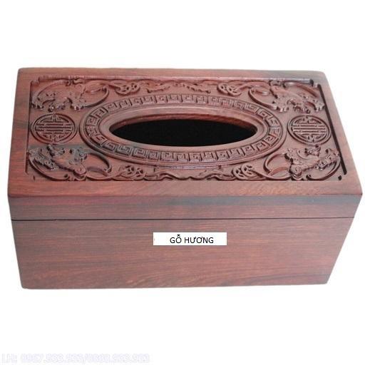 Hộp đựng khăn giấy gỗ HƯƠNG đỏ mặt trạm hình dơi quanh chữ THỌ kết hợp hình triện