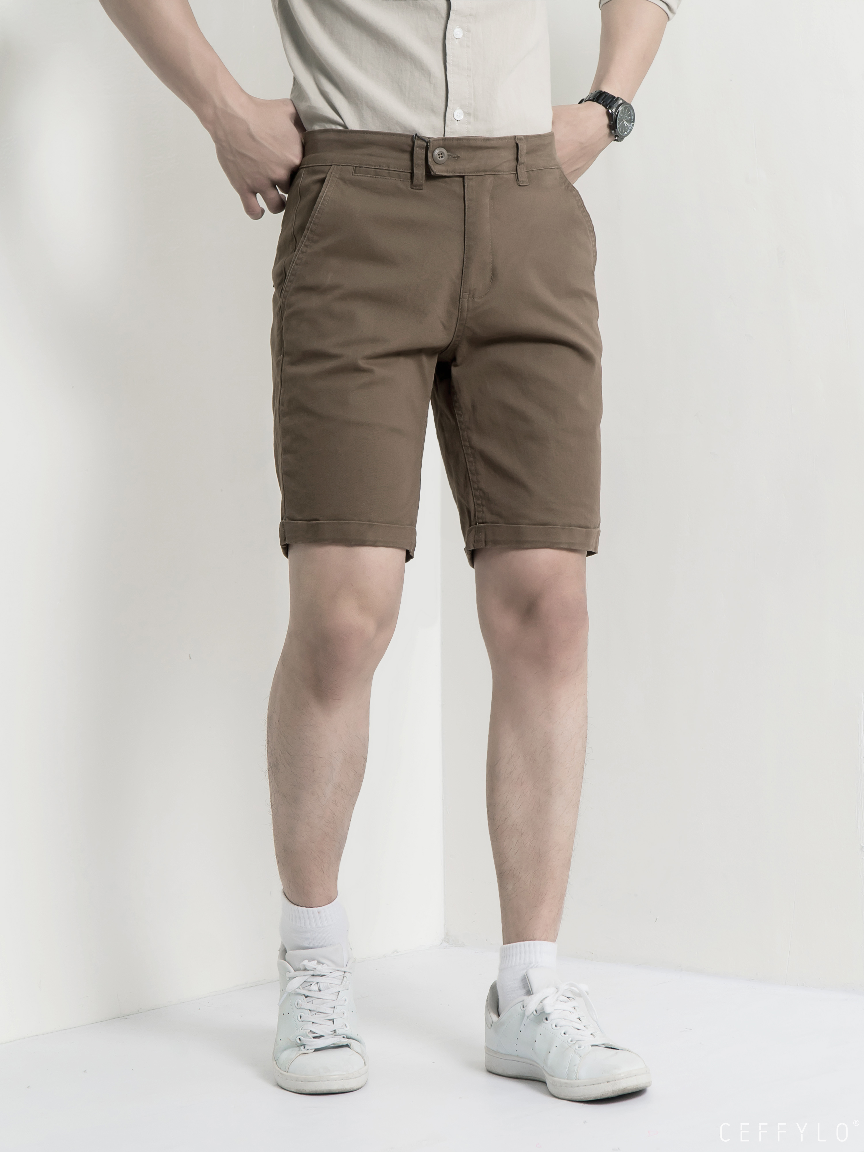 Basic quần shorts khaki nam polido chất liệu co giãn nhẹ, không bai xù, kiểu dáng năng động