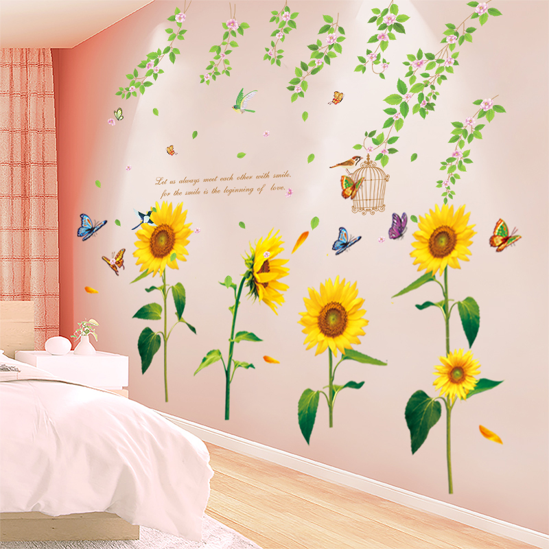 DECAL DÁN TƯỜNG DÂY LEO HOA TẦM XUÂN VÀ HƯỚNG DƯƠNG VÀNG