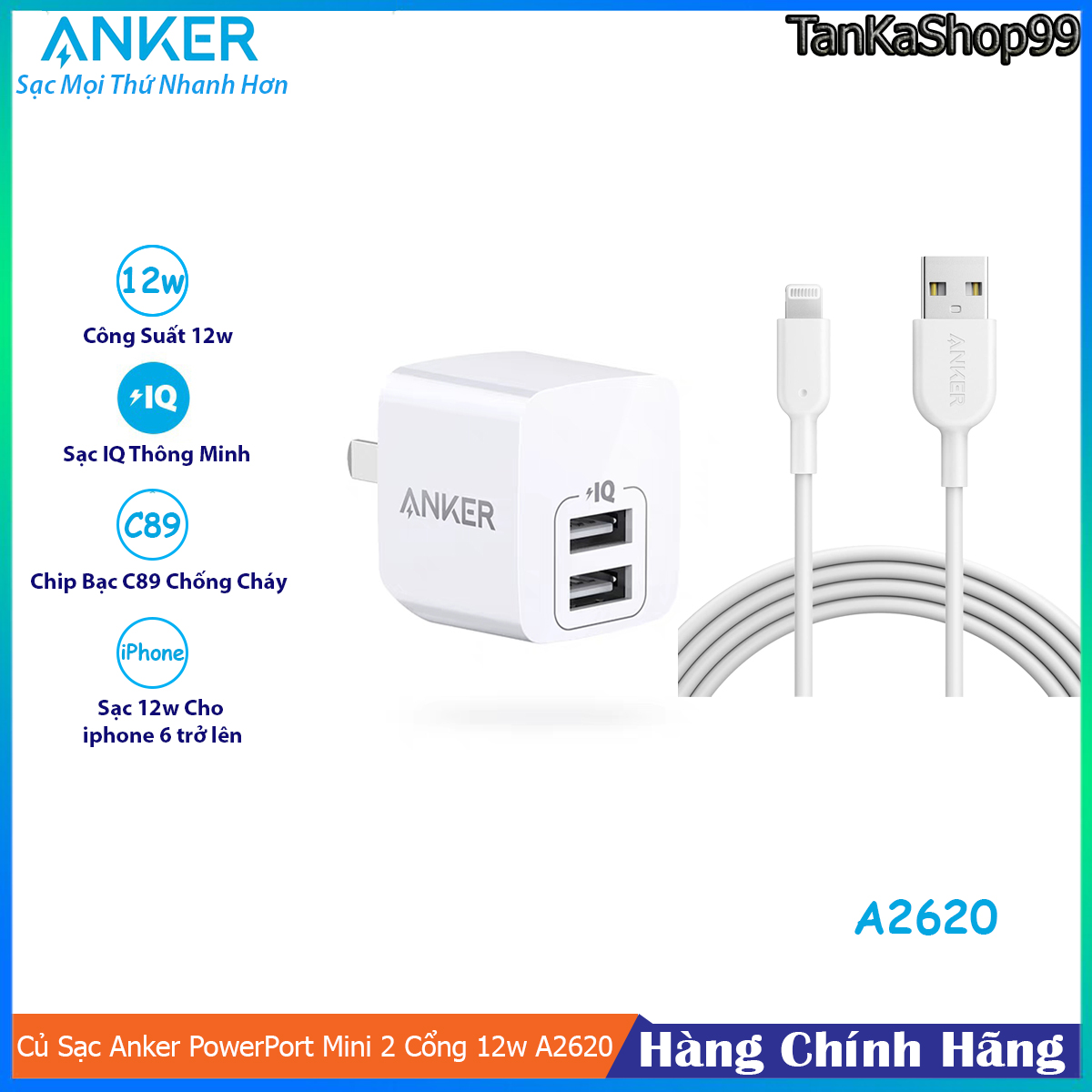 Bộ Sạc Anker 12W A2620 + Cáp Lightning A8432, Chip C89 Chuẩn MFi Cho iPhone iPad