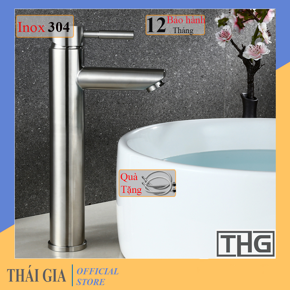 Vòi lavabo nóng lạnh inox SUS 304 tròn cao 30cm phù hợp với mọi loại chậu rửa mặt 1 Lỗ - chậu thường – chậu dương vành – chậu dương bàn – chậu âm bàn