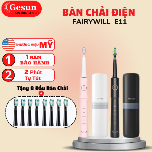 Bàn chải điện Công Nghệ Sóng Siêu Âm Fairywill E11 - Với 5 chế độ làm trắng sáng sạch bóng răng , tặng kèm 8 đầu bàn chải . Bàn chải điện chính hãng bảo hành 12 tháng . 30 ngày Đổi Mới