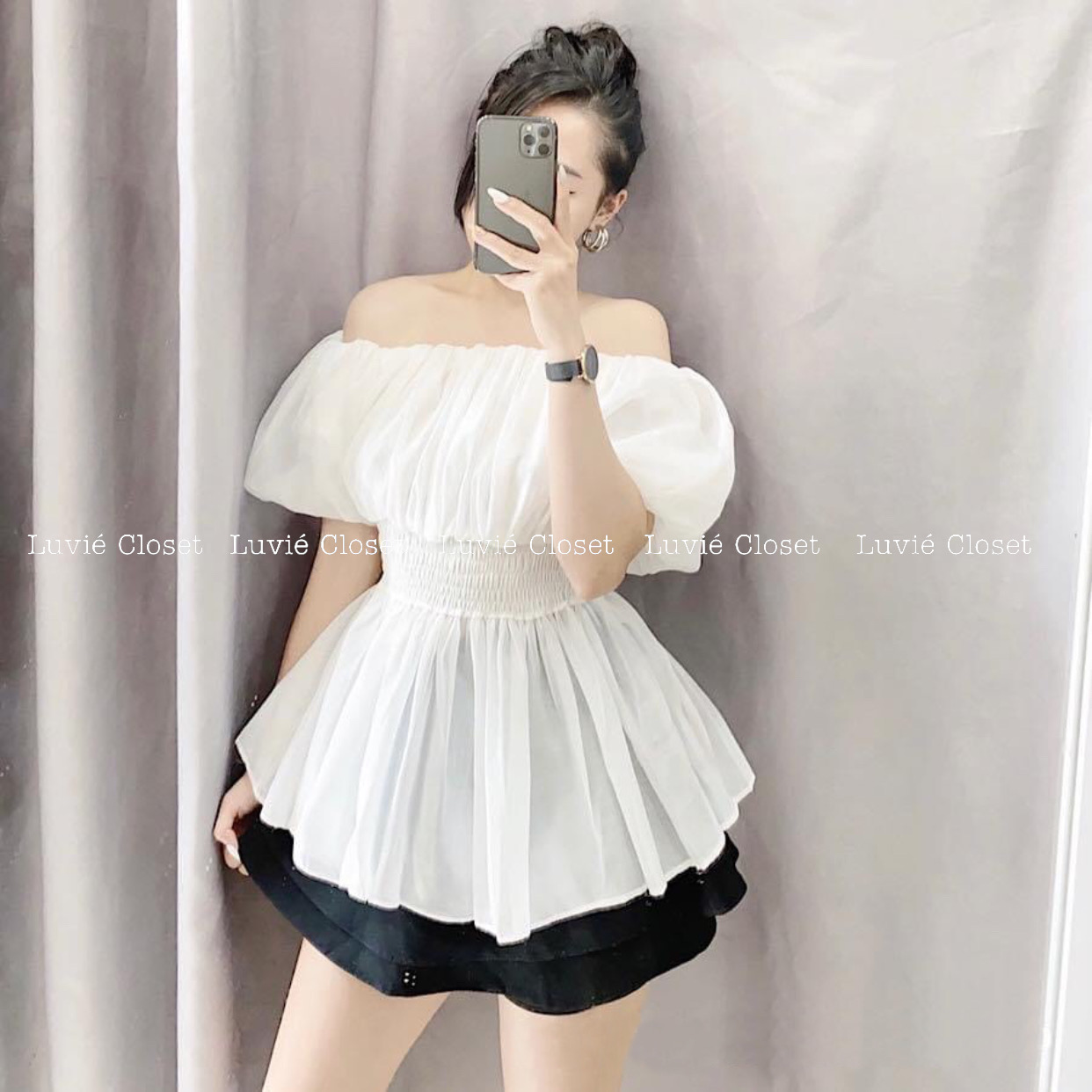 Áo trễ vai tay bồng nhún eo, Áo kiểu hở vai tay phồng bo eo tiểu thư dễ thương