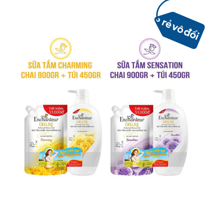 Sữa tắm nước hoa dưỡng da Enchanteur Charming/ Romantic 900gr - tặng túi sữa tắm 450gr