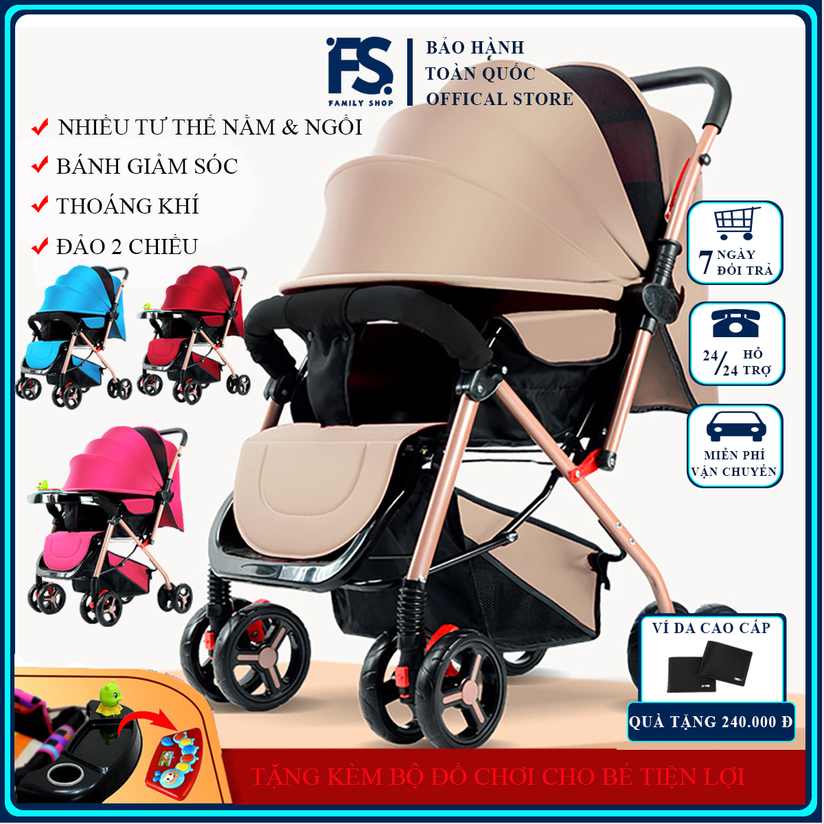 Xe nôi - xe đẩy em bé 2 chiều phiên bản cao cấp nhiều tư thế nằm ngồi, chất liệu thoáng mát, bánh xe có giảm sóc, khóa đai an toàn, có thể gấp gọn - BẢO HÀNH 2 NĂM, ĐỔI MỚI 1-1 TRONG 7 NGÀY NẾU CÓ LỖI