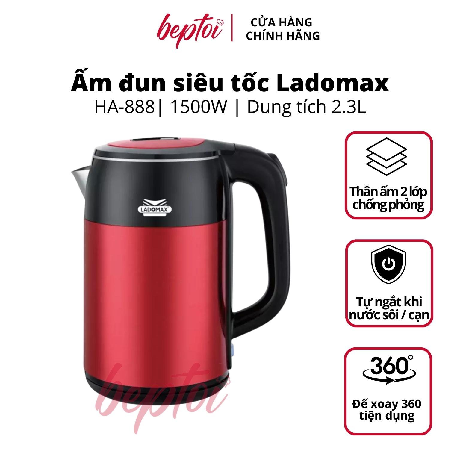 Bình đun siêu tốc, ấm siêu tốc đun nước siêu nhanh Inox 2 lớp chống phỏng Ladomax HA-888 2.5L