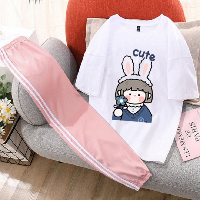 Sét Bộ Đồ Quần Áo Thời Trang Ulzzang Nữ Xinh Cute  Áo Cotton Siêu Mịn In Bé Thỏ Cute Kèm Quần Thun Hồng Bo Gấu