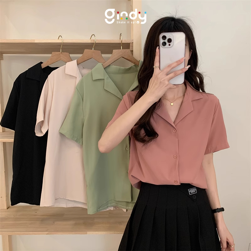 Áo sơ mi kiểu nữ đẹp GINDY sơ mi form rộng tay ngắn cổ bẻ vải lụa dáng suông nhiều màu sơmi kiểu Hàn Quốc công sở, học sinh A5145