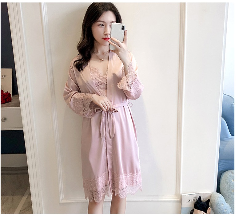 Váy ngủ sexy 2 dây kèm áo choàng lụa gợi cảm màu hồng - tặng Mút Ngực Trắng- Có bán lẻ và bán nguyên bộ