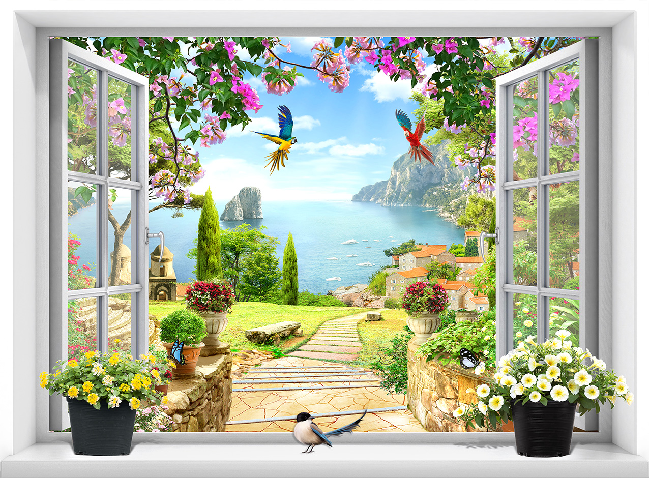 Tranh dán tường cửa sổ Cảnh biển tuyệt đẹp trang trí phòng khách VTC VT0436TRANG