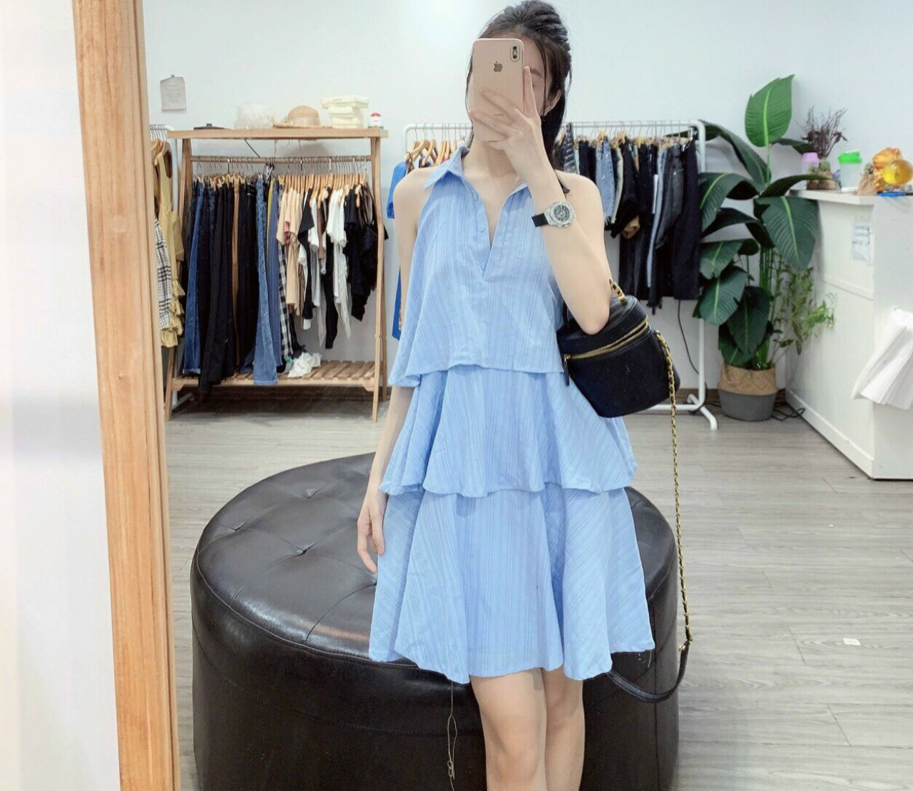 Đầm tầng sát nách cổ sơ mi trẻ trung