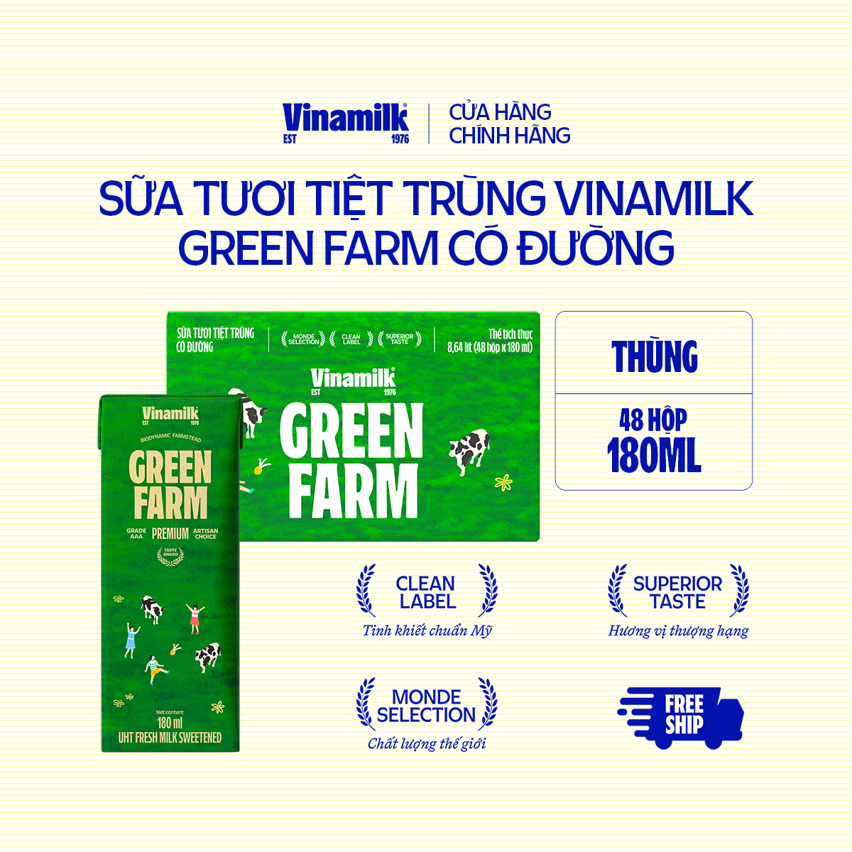 2 Thùng 48 Hộp Sữa Tươi Tiệt Trùng Vinamilk Green Farm Có Đường - Lốc 4 Hộp 180ml