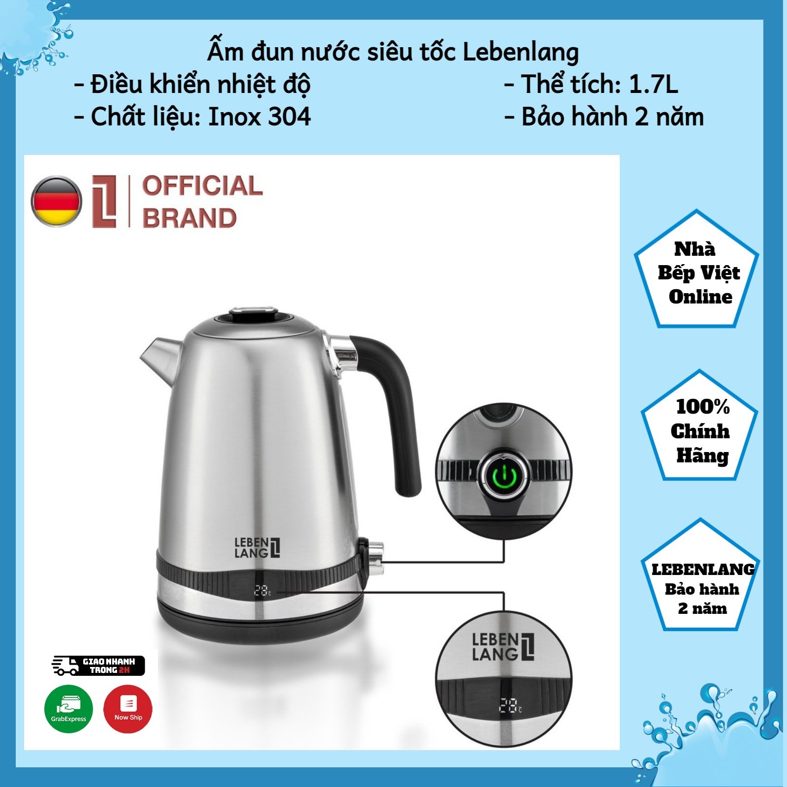 Ấm siêu tốc 1.7l bằng inox 304 lebenlang, điều khiển nhiệt độ, bảo hành 2 năm - lbe2662